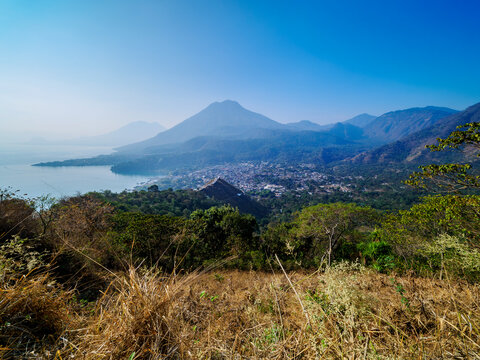 View from the trail to Rostro Maya or Indian Nose over San Juan La Laguna towards San Pedro Volcano, Solola Department, Guatemala