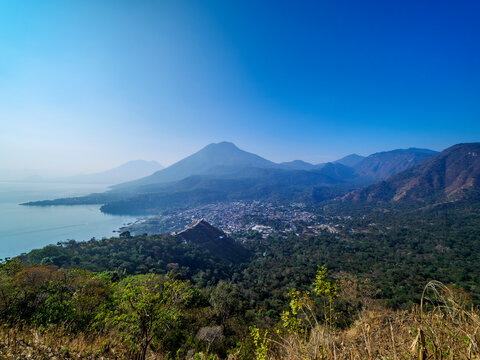 View from the trail to Rostro Maya or Indian Nose over San Juan La Laguna towards San Pedro Volcano, Solola Department, Guatemala
