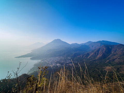 View from the trail to Rostro Maya or Indian Nose over San Juan La Laguna towards San Pedro Volcano, Solola Department, Guatemala