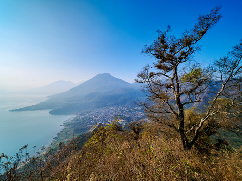 View from the trail to Rostro Maya or Indian Nose over San Juan La Laguna towards San Pedro Volcano, Solola Department, Guatemala