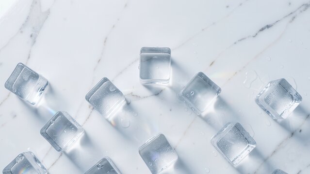 overhead flat lay of clear ice cubes on white marble with rainbow refraction perfect for beverage advertising mockup