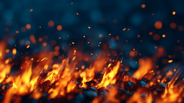 Close-up of glowing embers and bright orange flames against a dark background, capturing the intense heat and dynamic movement of a fire.