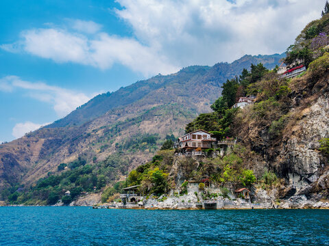 View towards the La Casa del Mundo Hotel, Lake Atitlan, El Jaibalito, Solola Department, Guatemala
