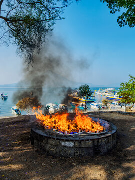 Mayan Altar burning by the Lake Atitlan, Panajachel, Solola Department, Guatemala