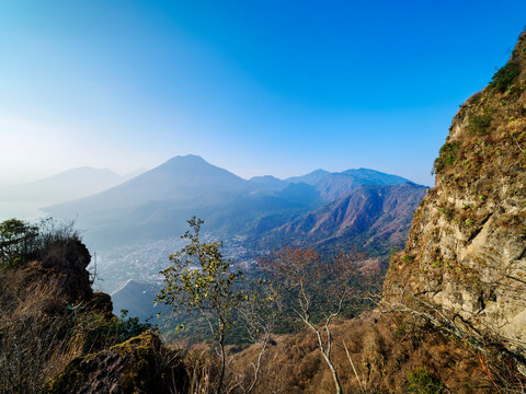 View from the trail to Rostro Maya or Indian Nose over San Juan La Laguna towards San Pedro Volcano, Solola Department, Guatemala