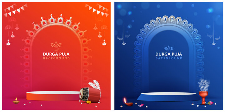 happy durga puja colorful vibrant background with podium and puja elements