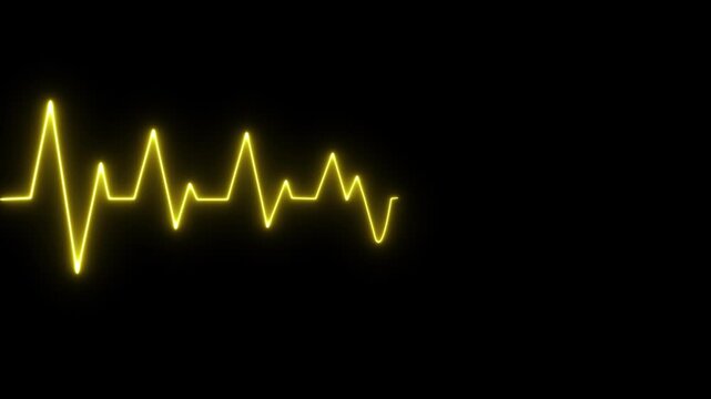 Bright yellow heartbeat ekg waveform line on black background for medical data visualization study
