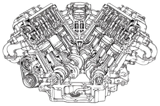 V8 engine cutaway technical illustration, V8 engine diagram, automotive engineering illustration, engine cross section, internal combustion engine, detailed engine components, mechanical engineering d