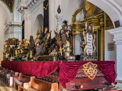 Senor Sepultado procession float at the Church of Escuela de Cristo, Antigua Guatemala, Sacatepequez Department, Guatemala