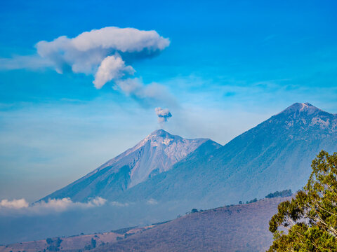 Fuego Volcano seen from Cerro de La Cruz, Antigua Guatemala, Sacatepequez Department, Guatemala