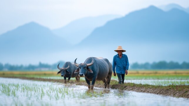 A Farmer Guiding Water Buffalos Through a Lush Rice Paddy Field with Mountains in the Background under a Cloudy Sky