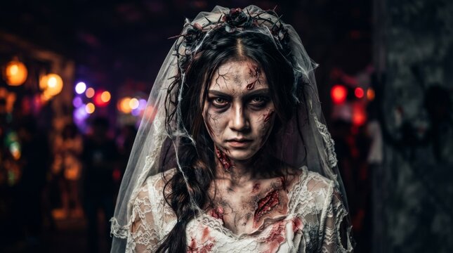 Asian woman in a zombie bride costume, wearing scary makeup and a veil, at a Halloween festival. A concept for celebrating the spooky holiday dressed as a ghostly bride.