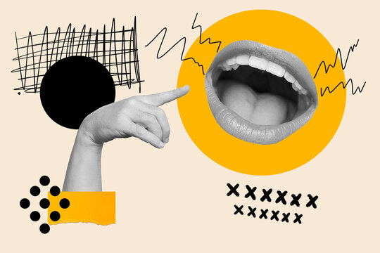 Collage de una mano de mujer se&ntilde;alando una boca abierta riendose sobre un circulo de color amarillo junto a elementos geometricos sobre un fondo beige. Vista de frente y de cerca. Copy space