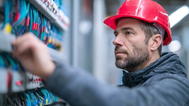 A Focused Electrician Adjusting Wires in a Control Panel While Wearing a Safety Helmet in a Modern Electrical Environment