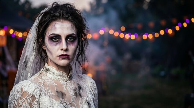 Woman in zombie bride costume with scary makeup and lace veil at Halloween party. Creepy ghost bride portrait. Horror and Halloween celebration concept