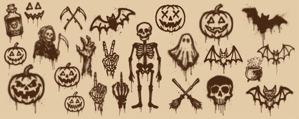 Obraz premium Halloween spooky dot art set with creepy creatures, skeletons, pumpkins and horror symbols