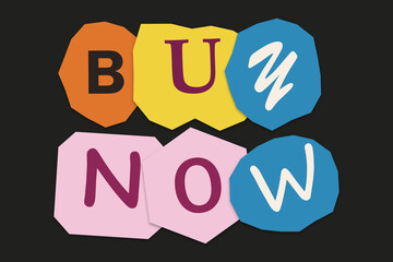 Buy now text sign with colorful paper cut out shapes and creative typography on black background © Nuha