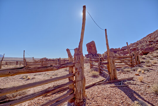 Old corral from pioneer days in Soap Creek Wilderness with rustic wooden fencing under bright sun
