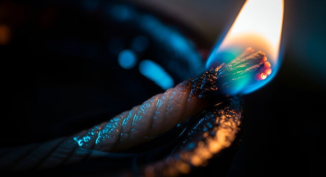 Macro shot of a burning fuse-rope with vibrant blue and orange flame and glowing sparks in darkness