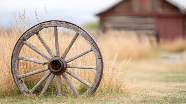 Rustic Wooden Wagon Wheel Surrounded by Tall Grass near an Old Barn in a Tranquil Countryside Setting