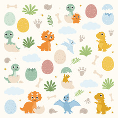Seamless pattern with cute cartoon dinosaurs baby eggs and plants © shubha