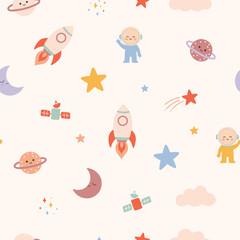 Naklejka premium Seamless pattern with cute cartoon space elements like rockets astronauts and stars