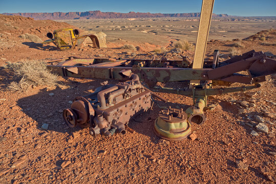 Automotive relics along the Sun Valley Mine Trail at Vermilion Cliffs National Monument in Arizona present historical remnants