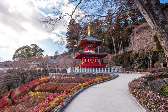 Curved stone path leads to red pagoda at Ryuanji Temple in Minoh National Park, Japan with flowers lining the way