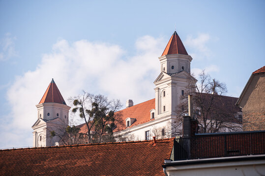 Bratislava Castle towers rise in Old Town skyline overlooking the Danube River