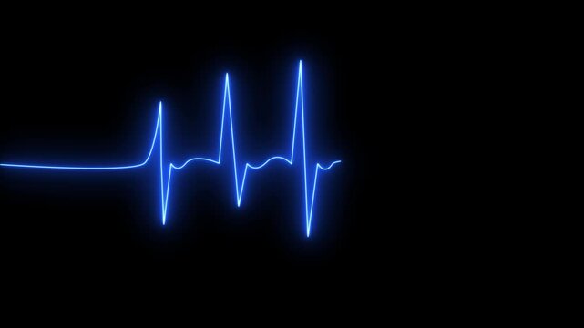 Bright blue neon heartbeat ekg line pulse on black background