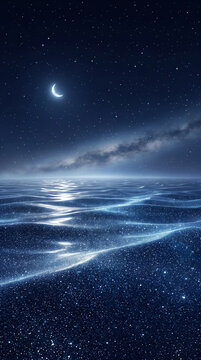 Crescent Moon Over Blue Cosmic Ocean with Star Reflections for Mobile Wallpaper