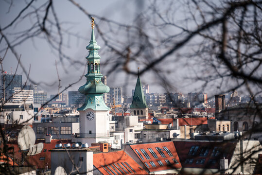 Winter branches frame Bratislava skyline with Gothic spires and modern buildings in background