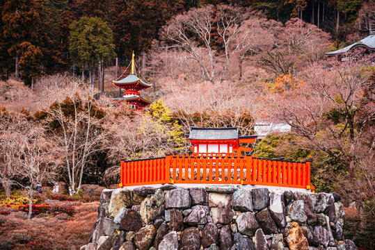 Elevated stone base supports red shrine structure with Katsuo-ji pagoda and hillside forest in background near Minoh Japan