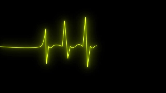 Luminous yellow neon heartbeat ekg line pulse on black background
