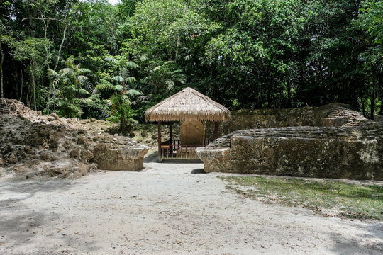 Partially excavated replica of Stela 22 and Altar 10 in Group Q at an ancient Maya site in Guatemala