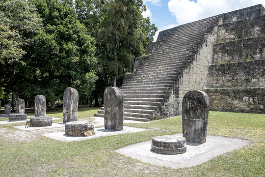 View of stepped pyramid and ceremonial stelae in Complex Q of ancient Maya city