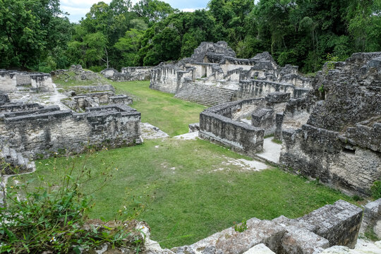 Complex architecture of the Central Acropolis with doorways and stairways at the ancient Maya city of Tikal in Guatemala