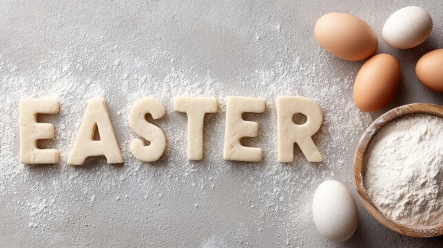 Festive Easter Baking Display Featuring Cookie Letters, Colorful Eggs, and Flour Arranged on Neutral Background for Seasonal Celebrations