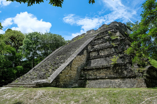 Stepped stone architecture of an ancient ceremonial platform at Mundo Perdido in Tikal, Guatemala