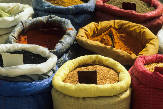 Market scene with pulses, beans and spice powders at El May on Djerba island in Tunisia