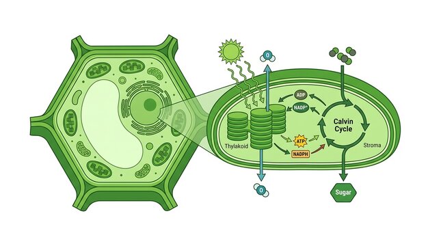 Educational biology diagram of a plant cell chloroplast detailing the light-dependent reactions and Calvin cycle