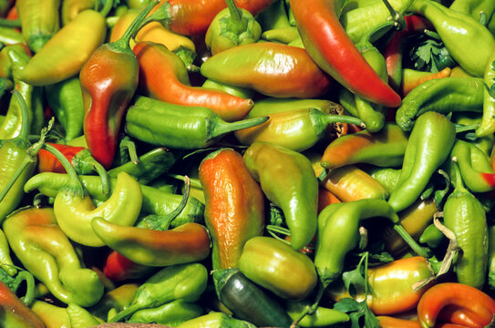 Chilli peppers stacked at a market in Tunisia with vibrant colors and different shapes