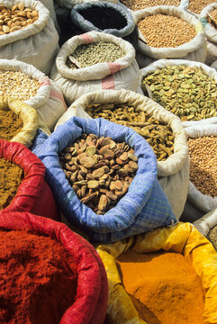 Market scene with pulses beans and spice powders in Djerba island Tunisia