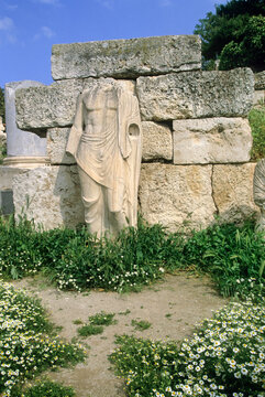 Statue stands in ruins among flowers at Ancient Agora of Athens in Greece