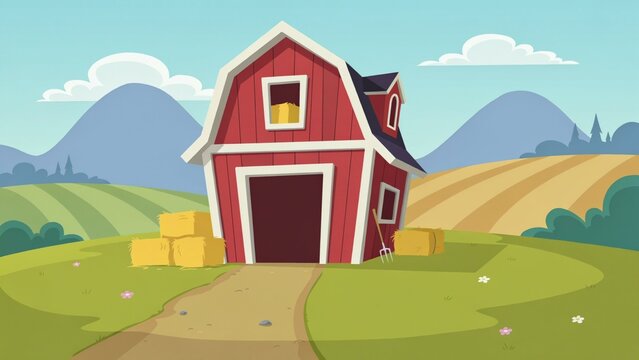 Red barn on a farm with hay bales in a rural landscape vector illustration