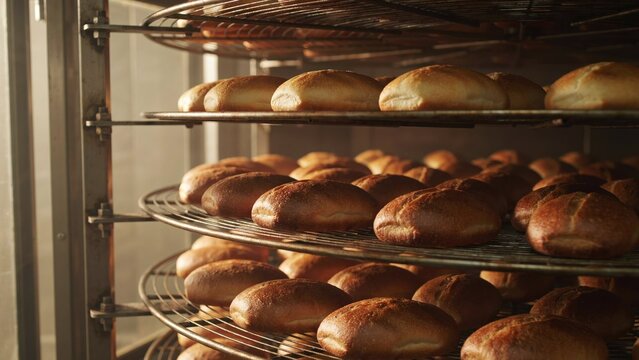 Freshly baked bread rolls cooling on metal racks inside a commercial bakery oven