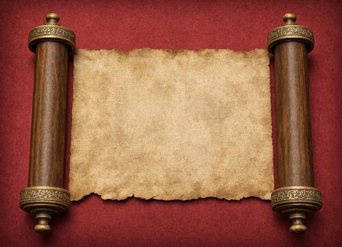 Antique rolled parchment scroll with ornate wooden ends against a textured red background
