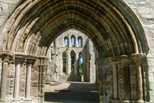 Ruins of Grey Abbey highlighting stone arches and window remnants in County Down near the Ards Peninsula