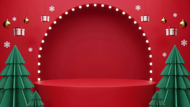 Christmas product display podium with green paper trees and red festive background.