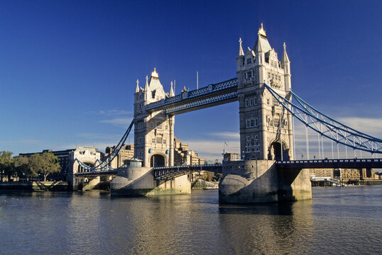 View of Tower Bridge spanning the River Thames in London during a clear day